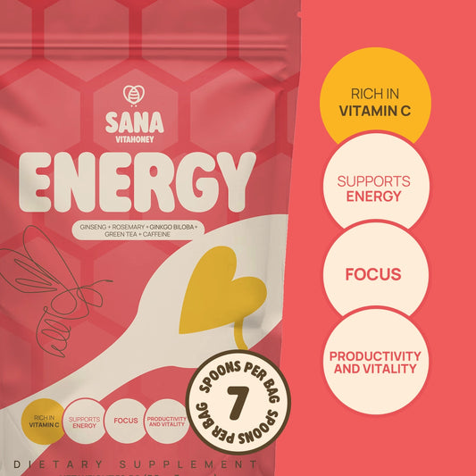 Sana VitaHoney Energy Spoon package with text on a red background.