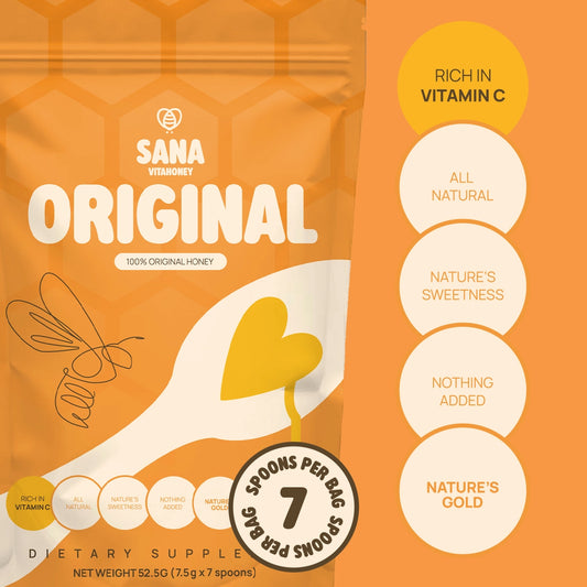 Sana Vitamoney Original spoon package with a spoon illustration on an orange background and benefits facts.