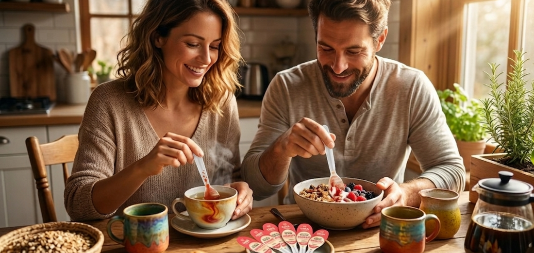 SANA VitaHoney Energy Focus honey spoon stirred into morning coffee for natural energy boost