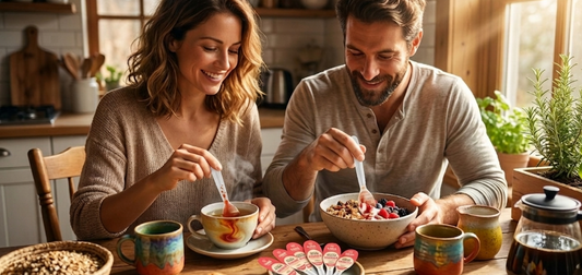 SANA VitaHoney Energy Focus honey spoon stirred into morning coffee for natural energy boost