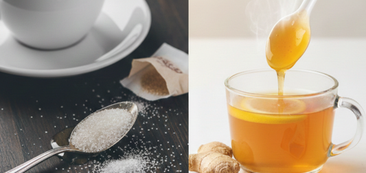 SANA VitaHoney functional honey spoons next to sugar cubes on a white background