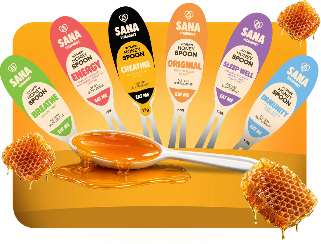 SANA VitaHoney honey spoons lineup showing creatine immunity energy sleep breathe and original varieties