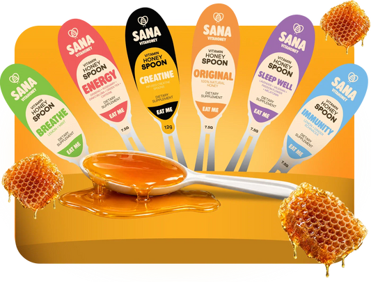SANA VitaHoney honey spoons lineup showing creatine immunity energy sleep breathe and original varieties