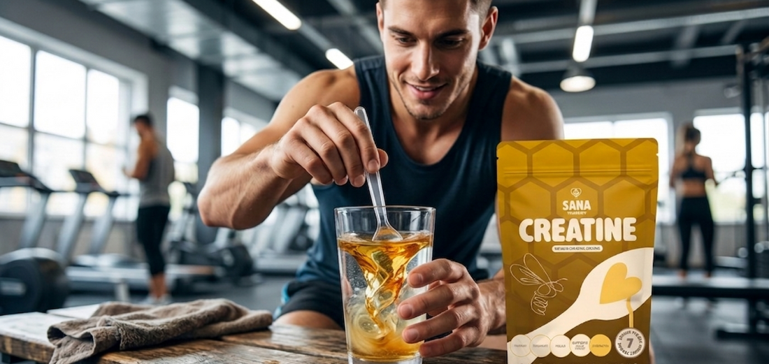 SANA VitaHoney creatine honey spoon and raw honey as natural pre-workout stack for athletes