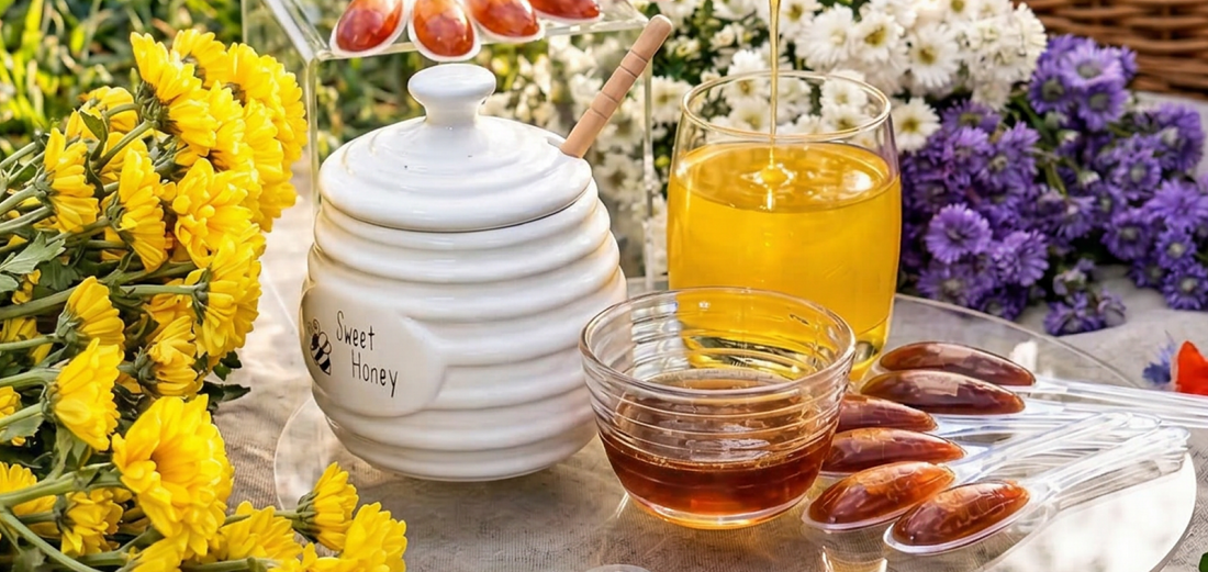 SANA VitaHoney honey spoon as healthiest natural sweetener dissolved into a daily cup of tea