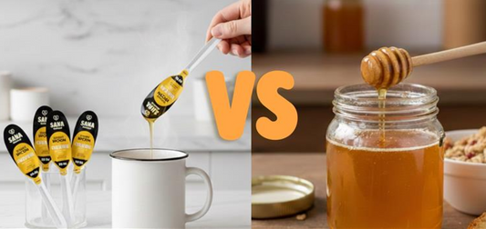SANA VitaHoney honey spoons compared to traditional jar honey on a kitchen counter