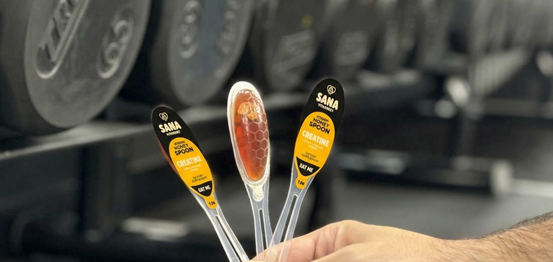 Athlete holding SANA VitaHoney creatine honey spoon with raw honey and himalayan salt for sustained performance