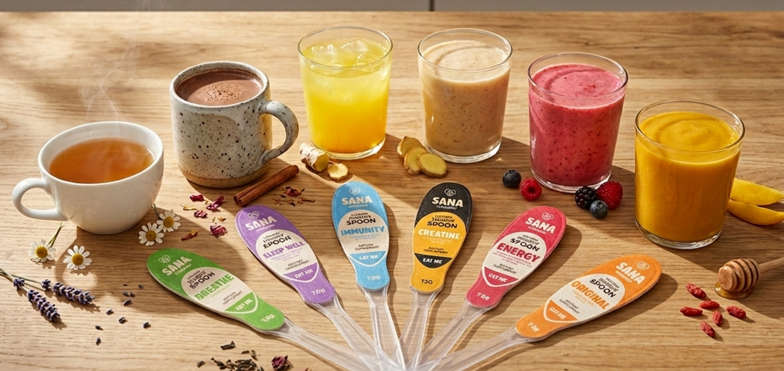 Individually wrapped SANA VitaHoney honey spoon as natural tea enhancer for morning wellness ritual