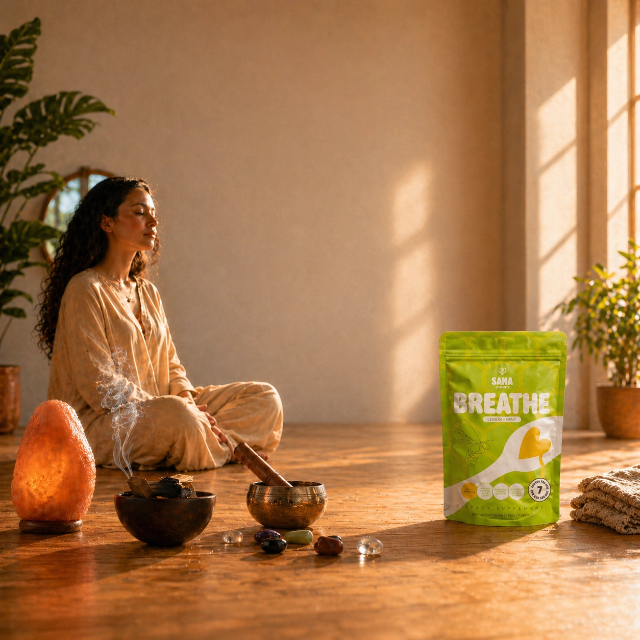 Woman meditating with a 'Sana VitaHoney Breathe Spoon' package on a wooden floor.