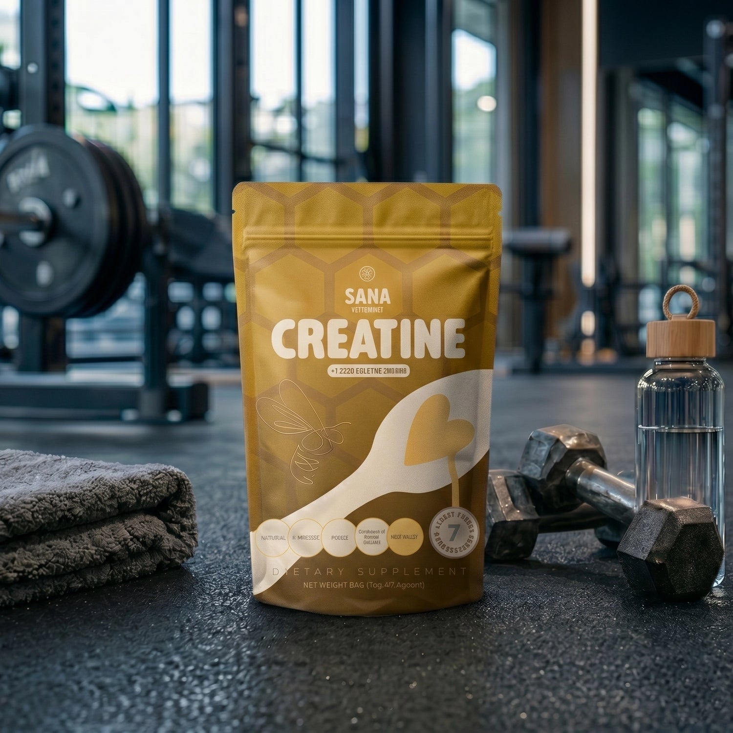 Sana VitaHoney Creatine Infused Spoon package on a gym floor with weights and a towel.