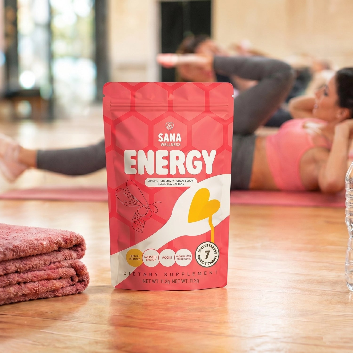 Sana VitaHoney Energy Spoon package on a gym floor with people exercising in the background.