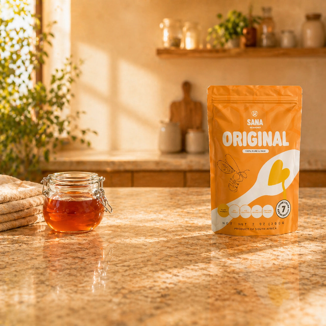 Sana VitaHoney Original Spoon package on a kitchen counter with a jar of honey banner mobile