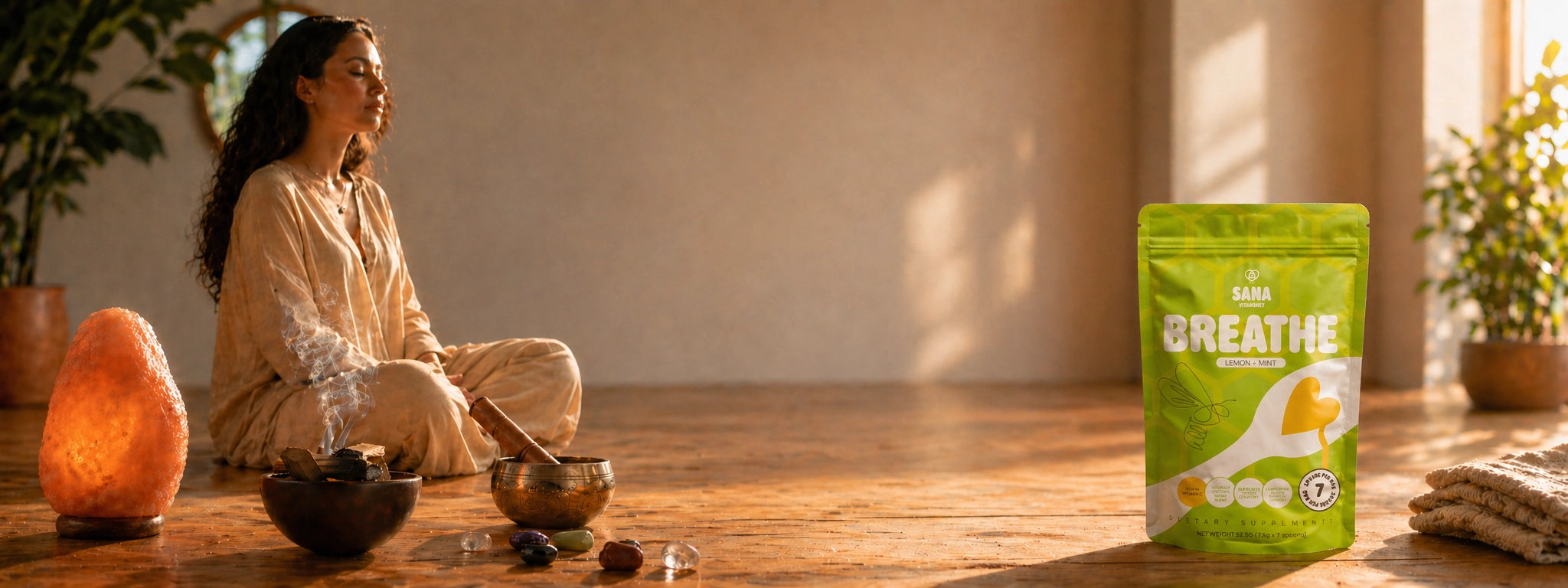 Person meditating with a 'Sana VitaHoney Breathe Spoon Package' product on a wooden floor.