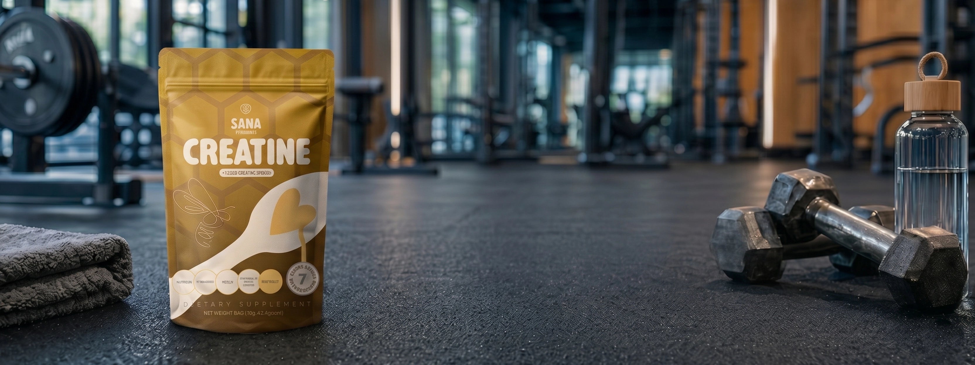 Sana VitaHoney Creatine Infused Spoon package on a gym floor with weights and water bottle in the background.