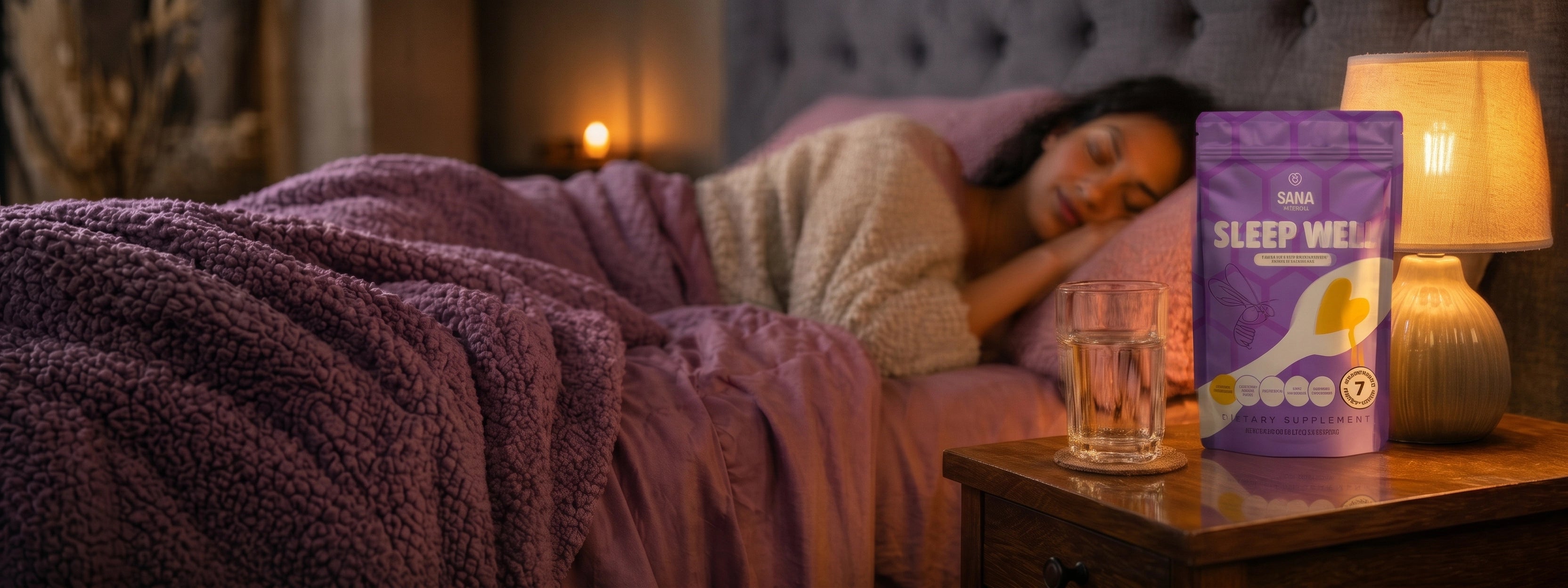Person lying in bed with a purple blanket, next to a glass of water and a purple container labeled 'Sana VitaHonney Sleep Well Spoon Package'.