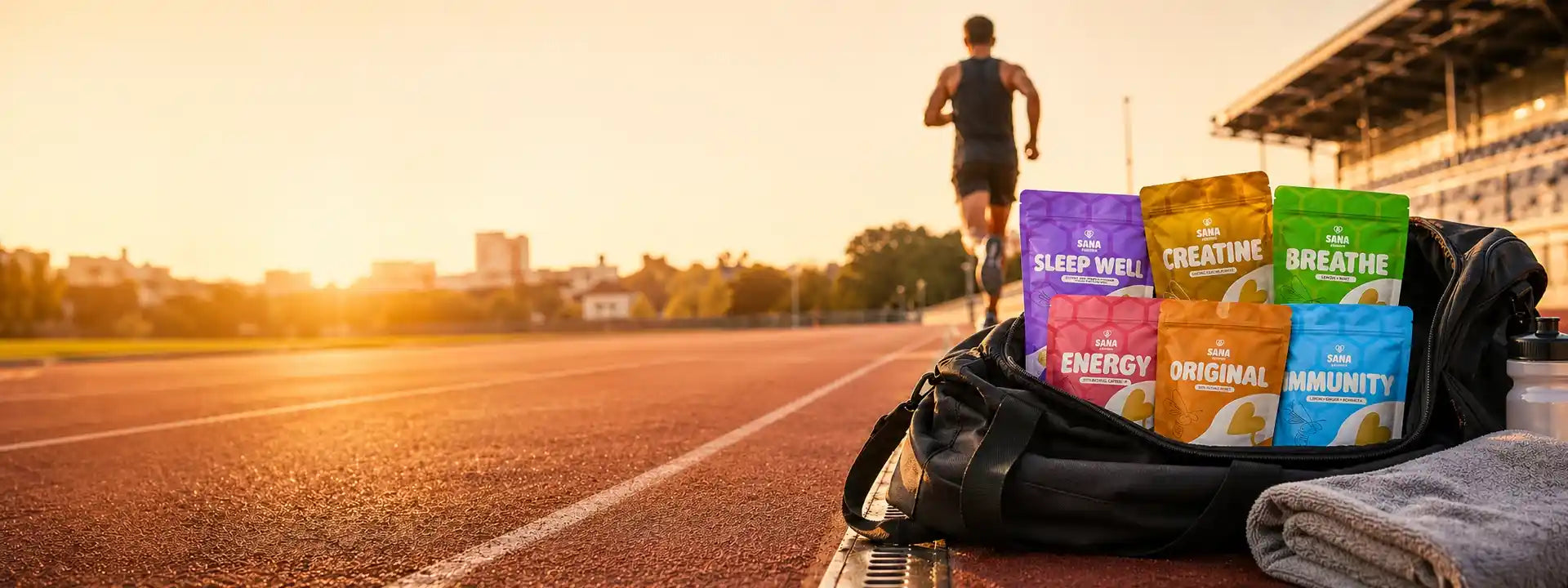 Person running on a track with a bag of Sana VitaHoney Spoon Collection packages in the foreground.