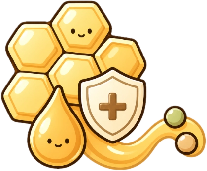 Illustration of honeycomb and honeydrop with a shield and cross symbol on a white background