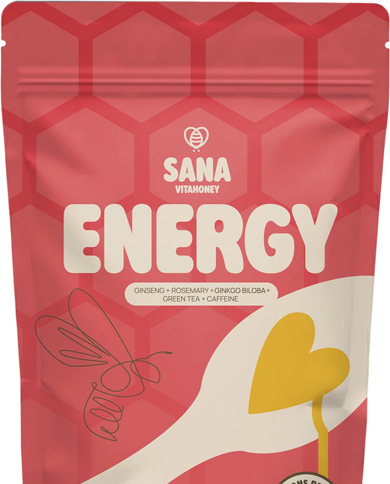 Sana Vita honey Energy Spoon package with red hexagonal pattern