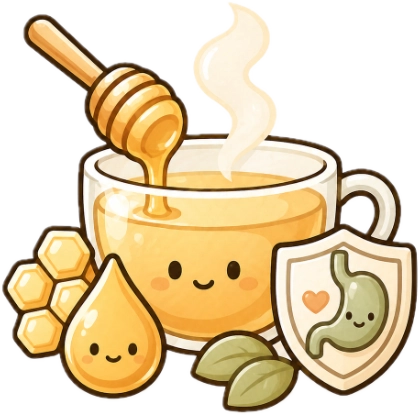 Illustration of a cup of tea with honey, a honey dipper, and a shield with a heart and stomach icon on a white background.