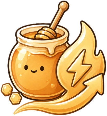 Cartoon honey jar with a honey dipper and a lightning bolt symbol on a white background