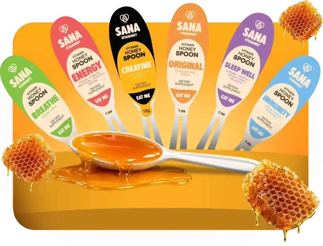 Set of Sana honey spoons with various flavors on a yellow background