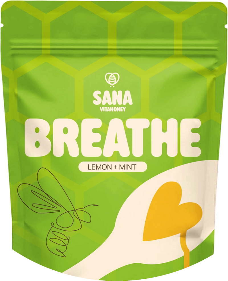 Sana Vitahoney Breathe Lemon + Mint on a white background in green package.