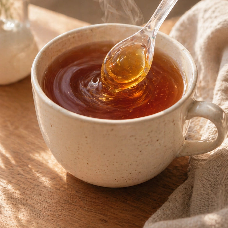 Honey spoon being drizzled into a cup of tea on a wooden surface