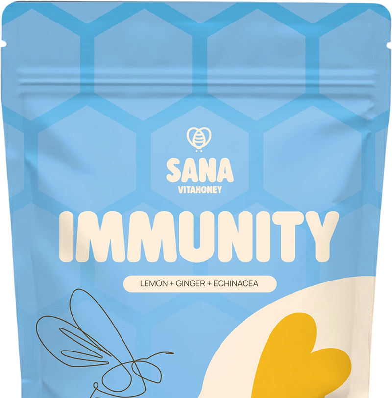 Sana Vitahoney immunity supplement package with blue hexagonal pattern.