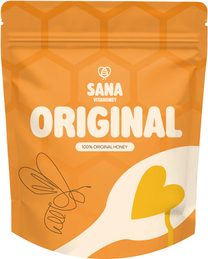 Sana Vitahoney Original honey package with a bee and honeycomb design on an orange background.