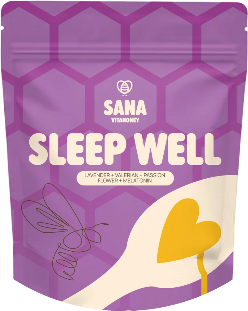 Sana VitaHoney Sleep Well purple packaging of with honey dipper illustration.