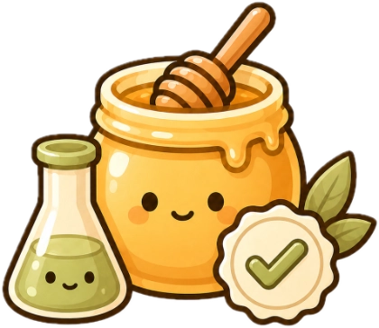 Cartoon jar of honey with a smiley face, a honey dipper, a small bottle of honey, and a checkmark on a white background.
