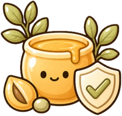 Cartoon honey pot with a smiley face, two acorns, and a shield with a check mark on a white background.