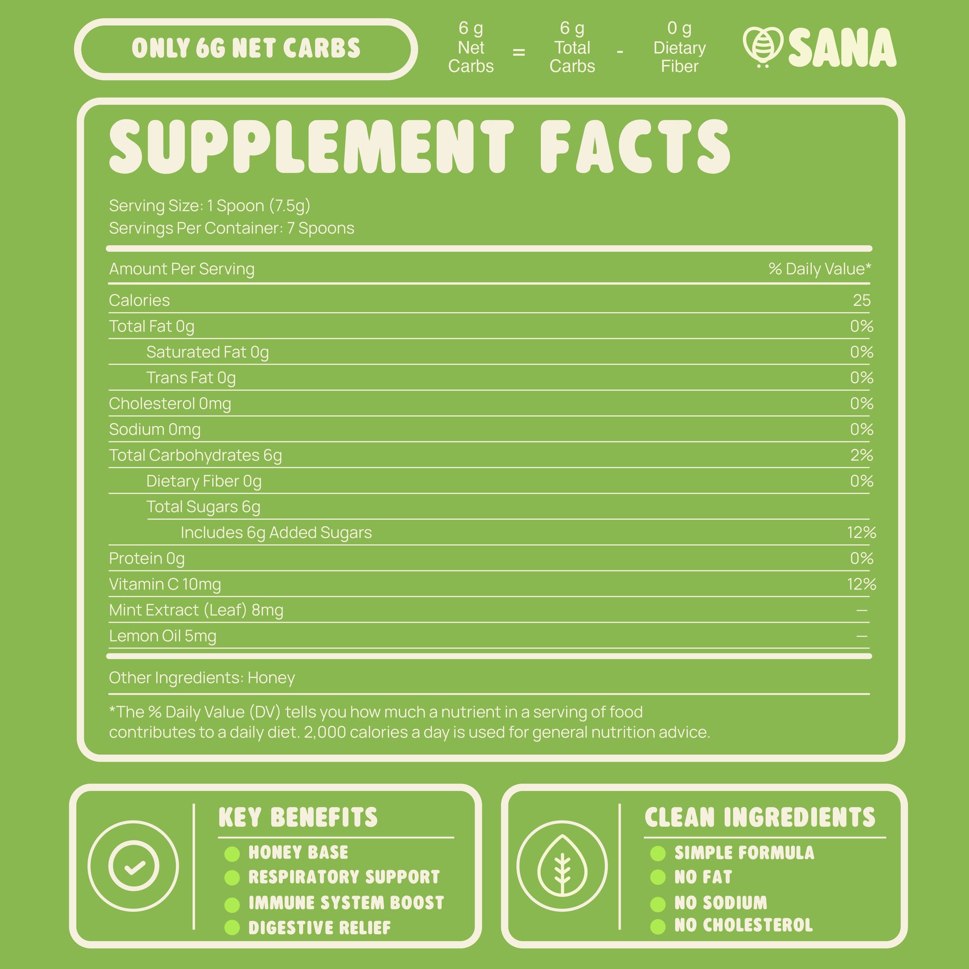 Supplement facts label of Breathe Honey Spoon on a green background