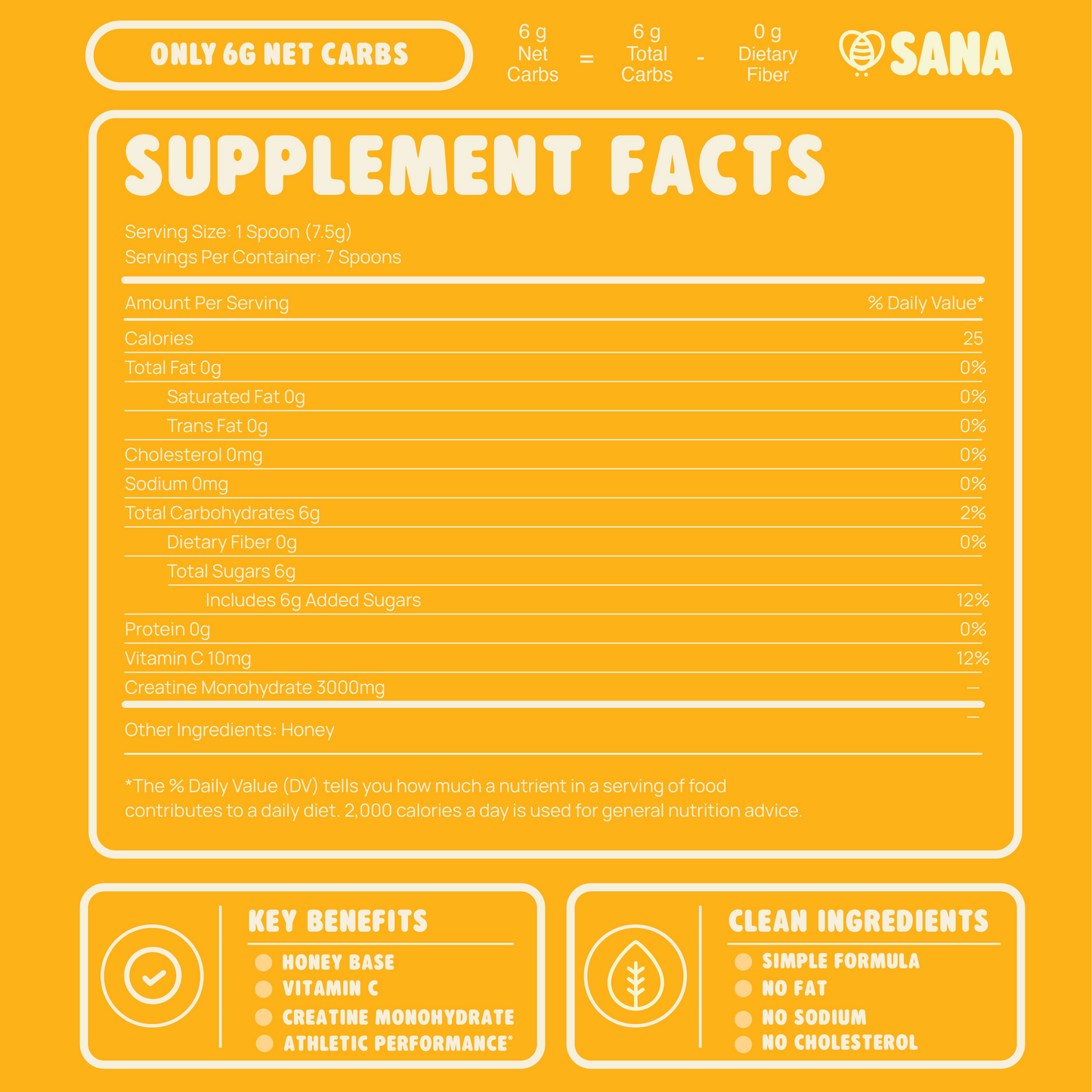Supplement facts label of Creatine Infuse Honey Spoon on a yellow background