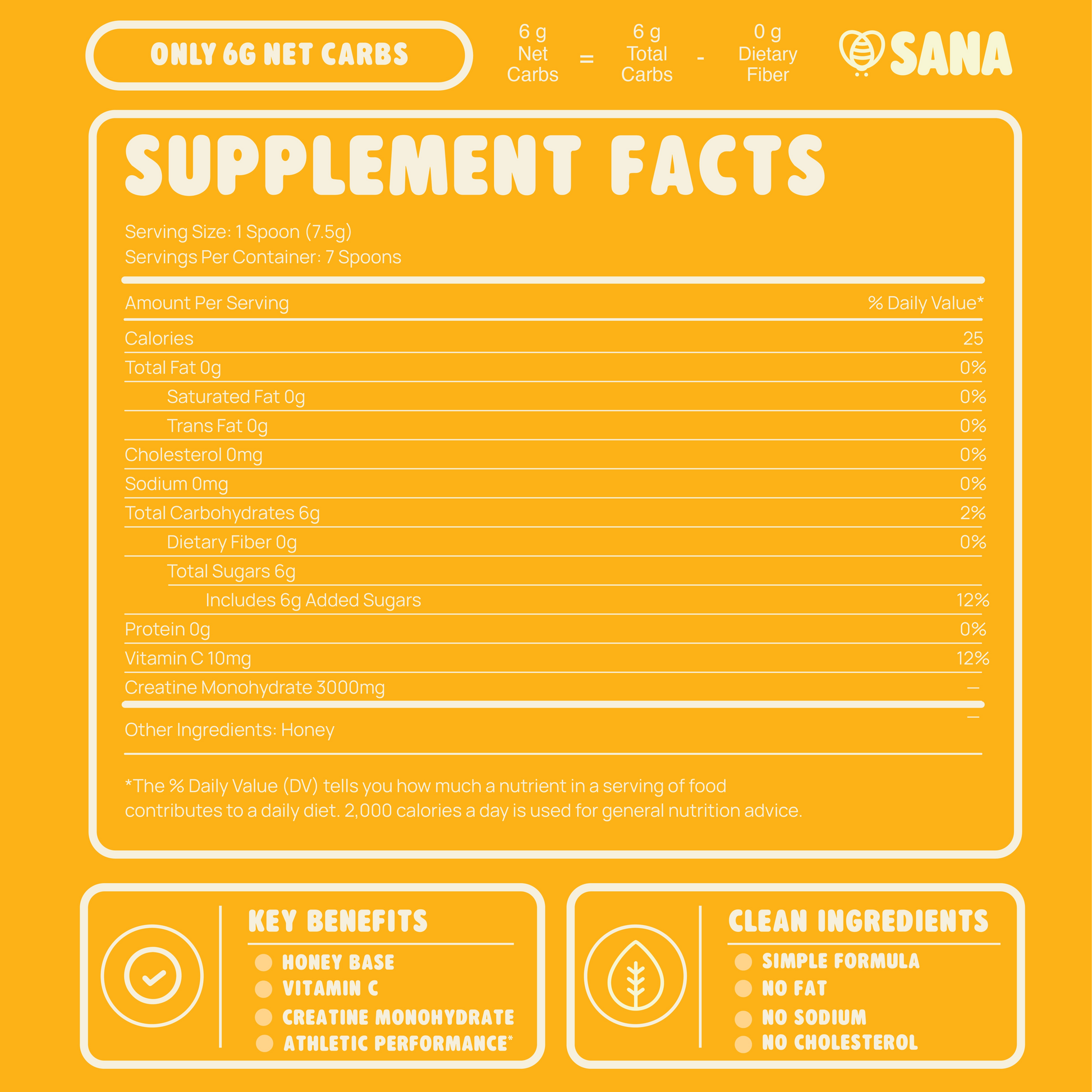 Supplement facts label of Creatine Infuse Honey Spoon on a yellow background