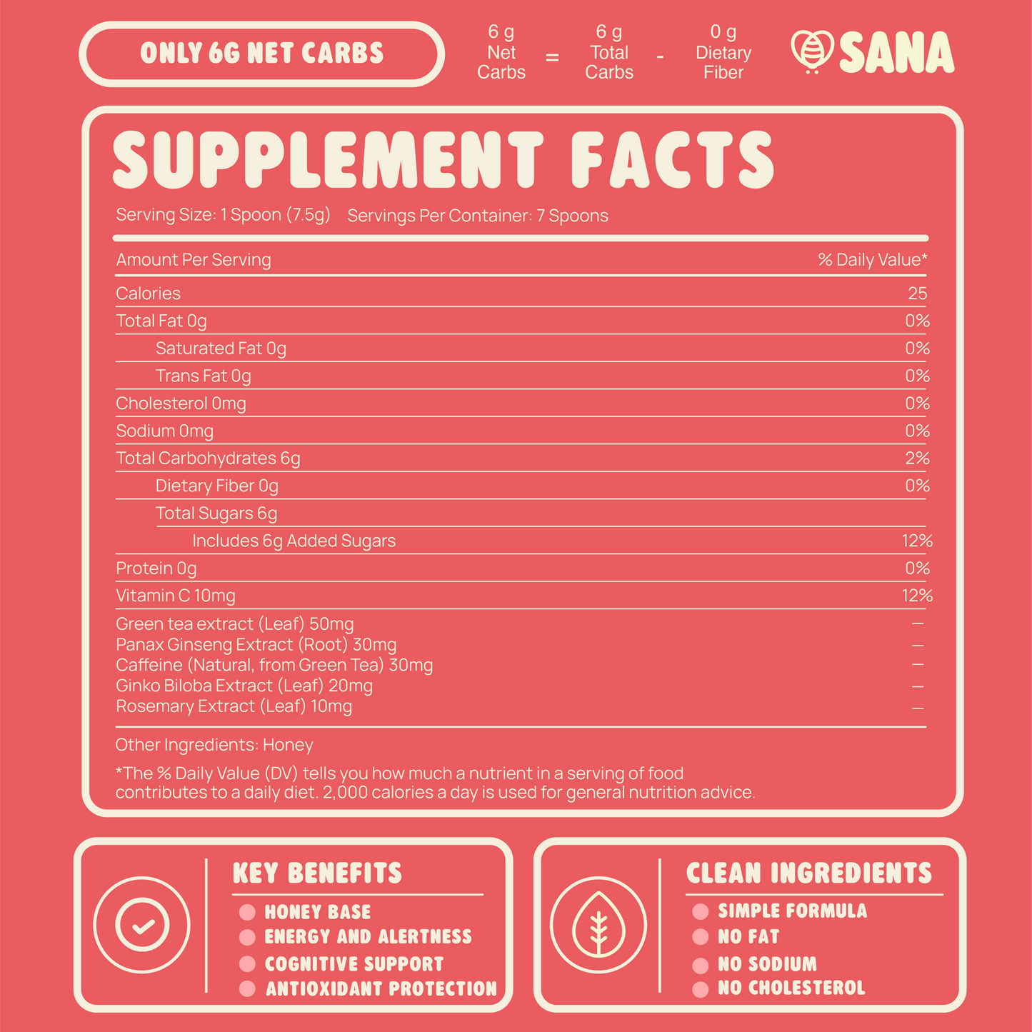 Supplement facts label of Honey Energy Spoon on a red background