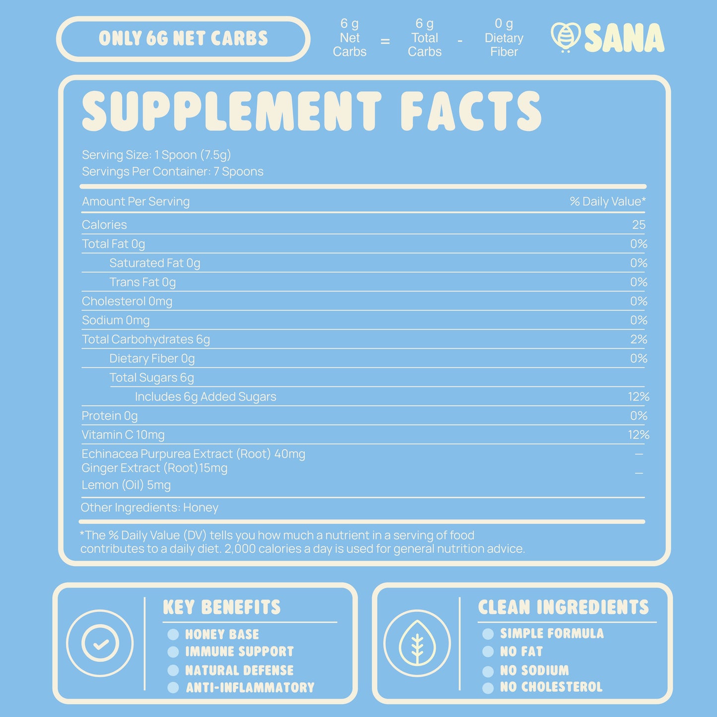 Supplement facts label of Immunity Honey Spoon on a blue background