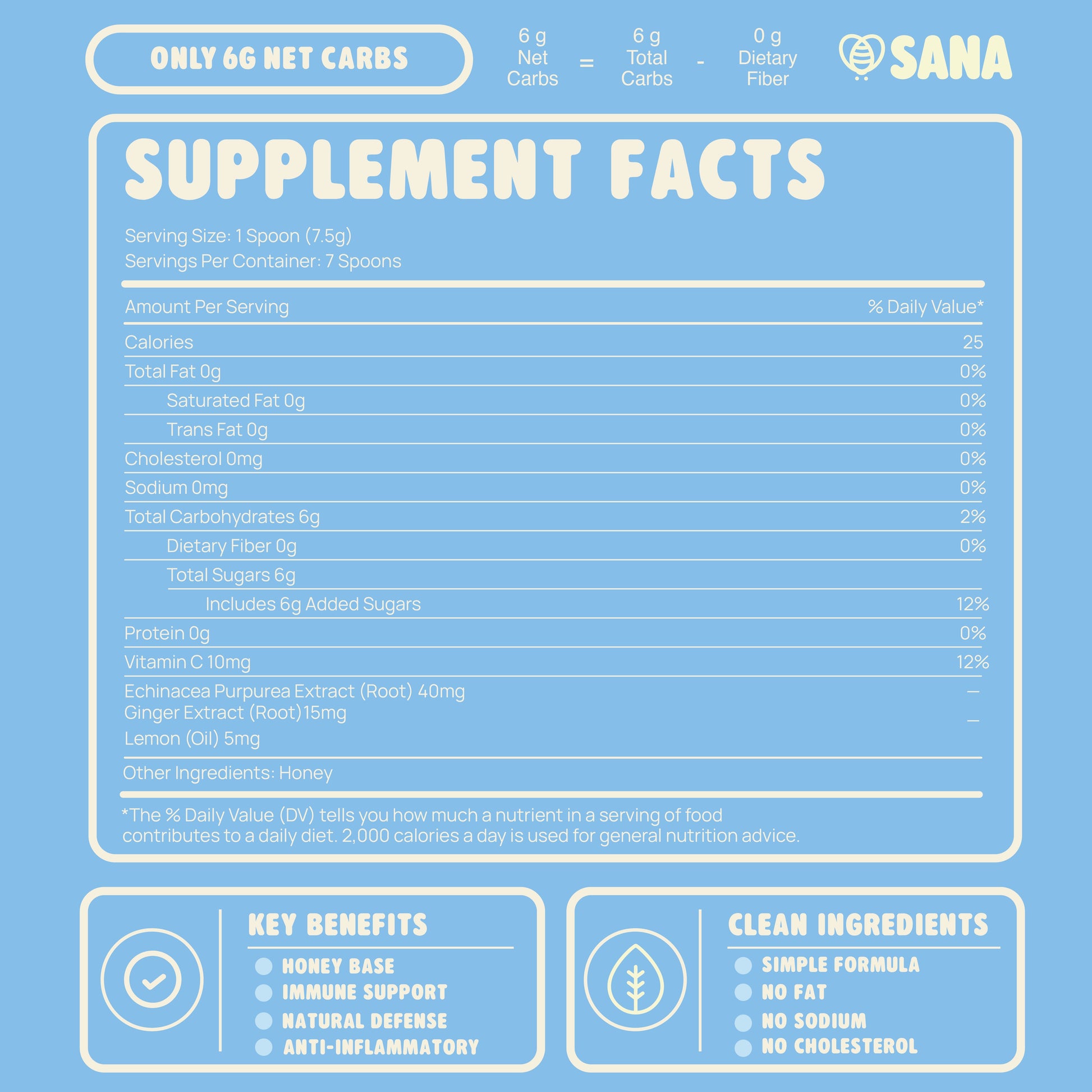 Supplement facts label of Immunity Honey Spoon on a blue background