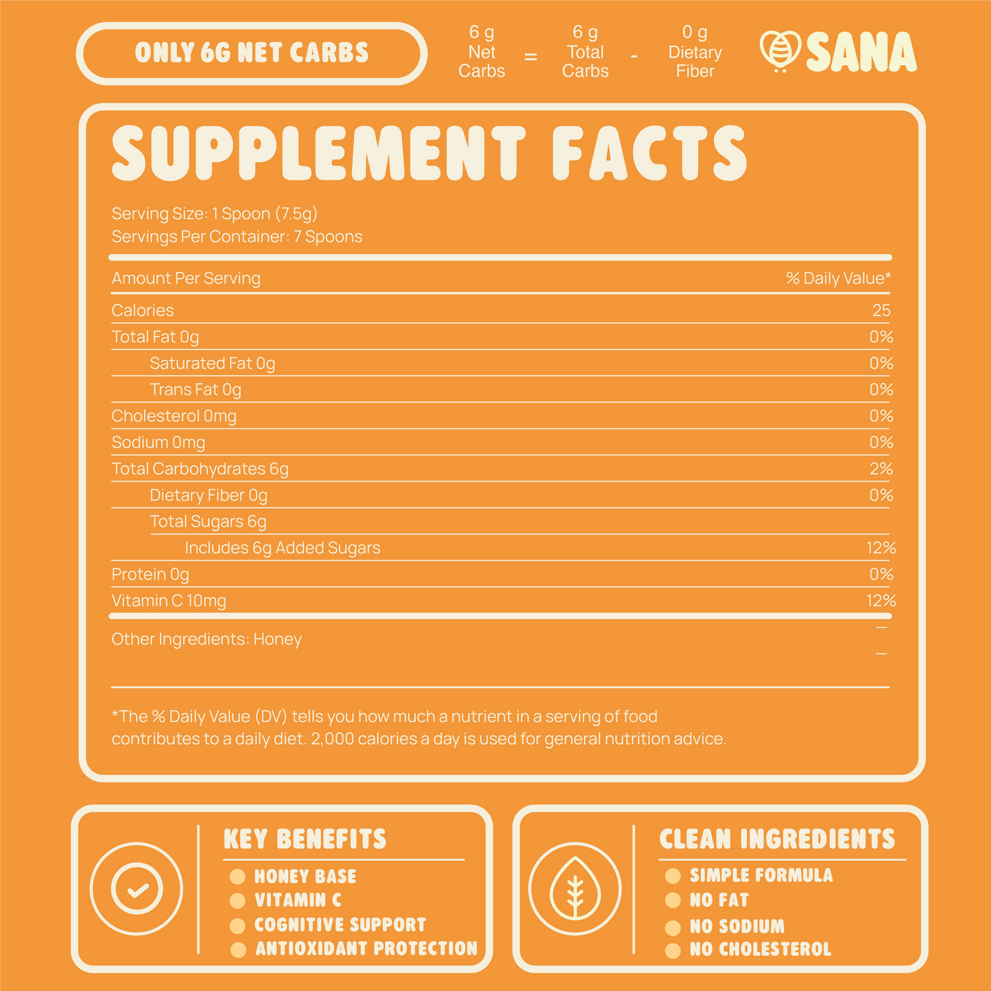Supplement facts label of Original Honey Spoon on an orange background