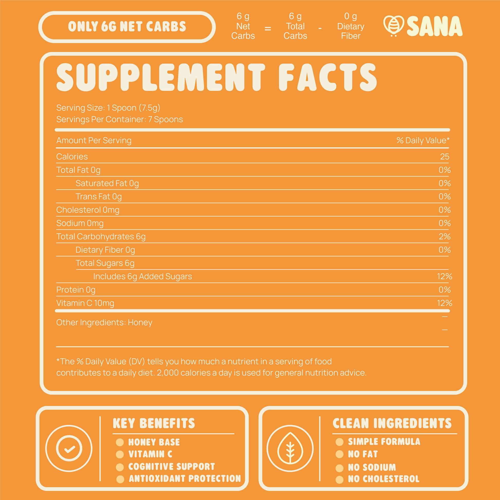 Supplement facts label of Original Honey Spoon on an orange background