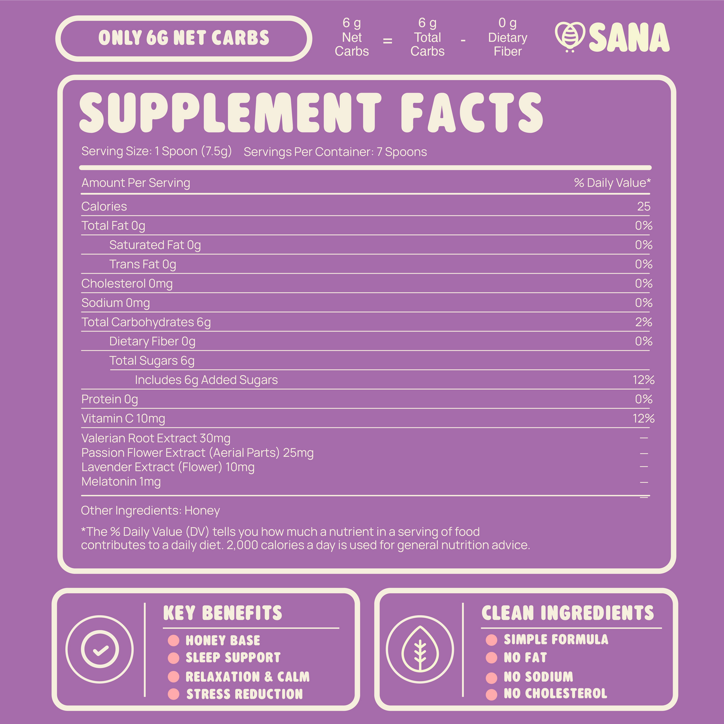 Supplement facts label of Sleep Well Honey Spoon on a purple background