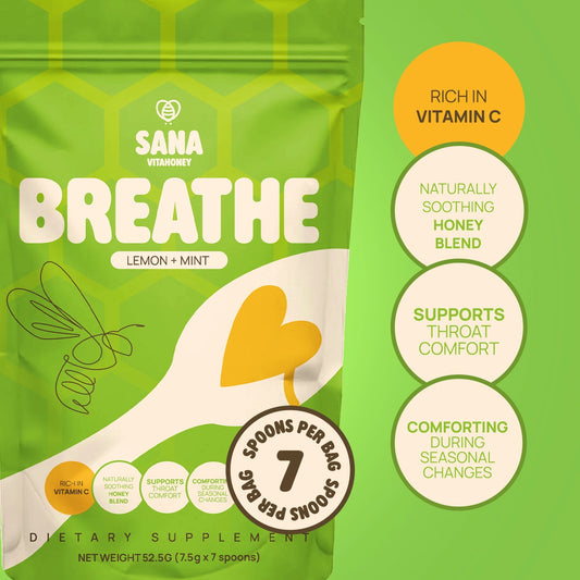 Sana VitaHoney Breathe Spoon package with green background and product details.