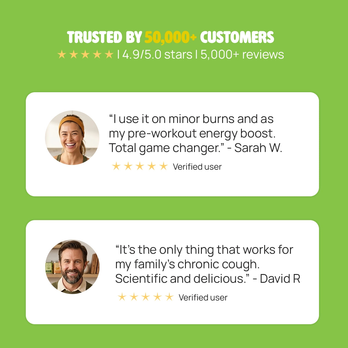 Product review section with customer testimonials on a green background