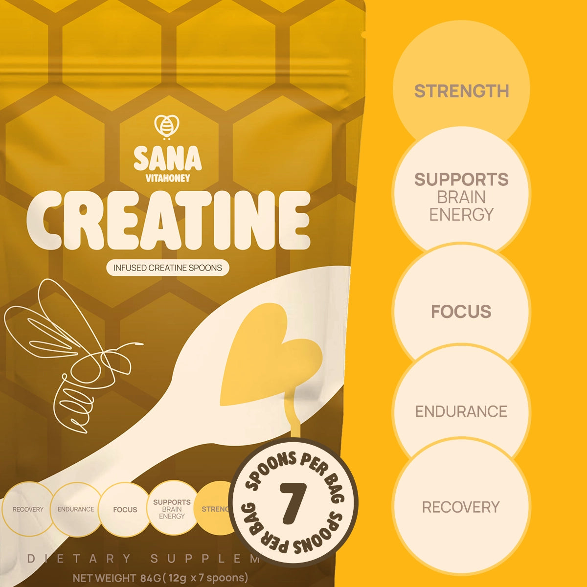 Sana VitaHoney Creatine Infused Spoon packaging with honeycomb design and spoon illustration.
