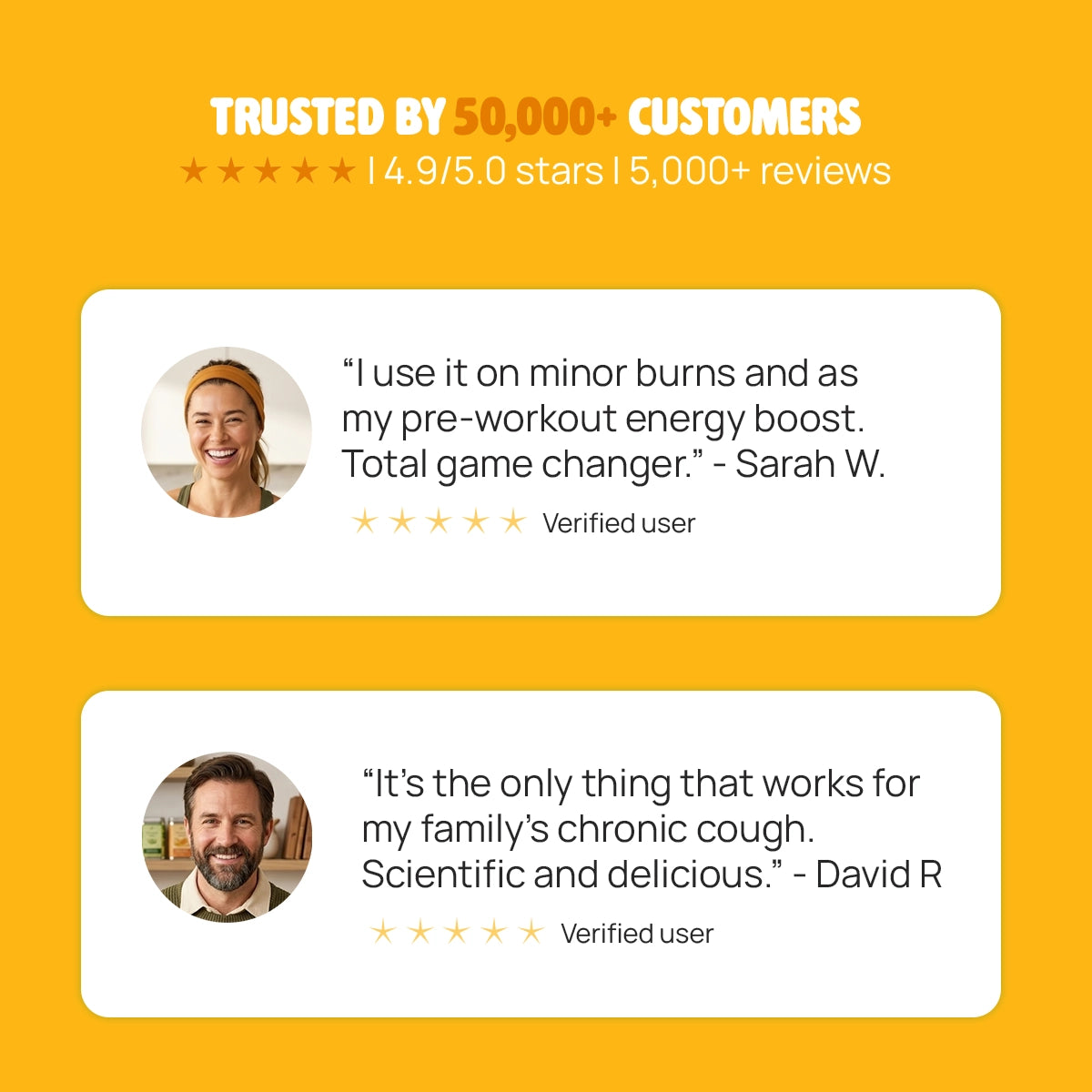 Product reviews on a yellow background with customer testimonials and star ratings.