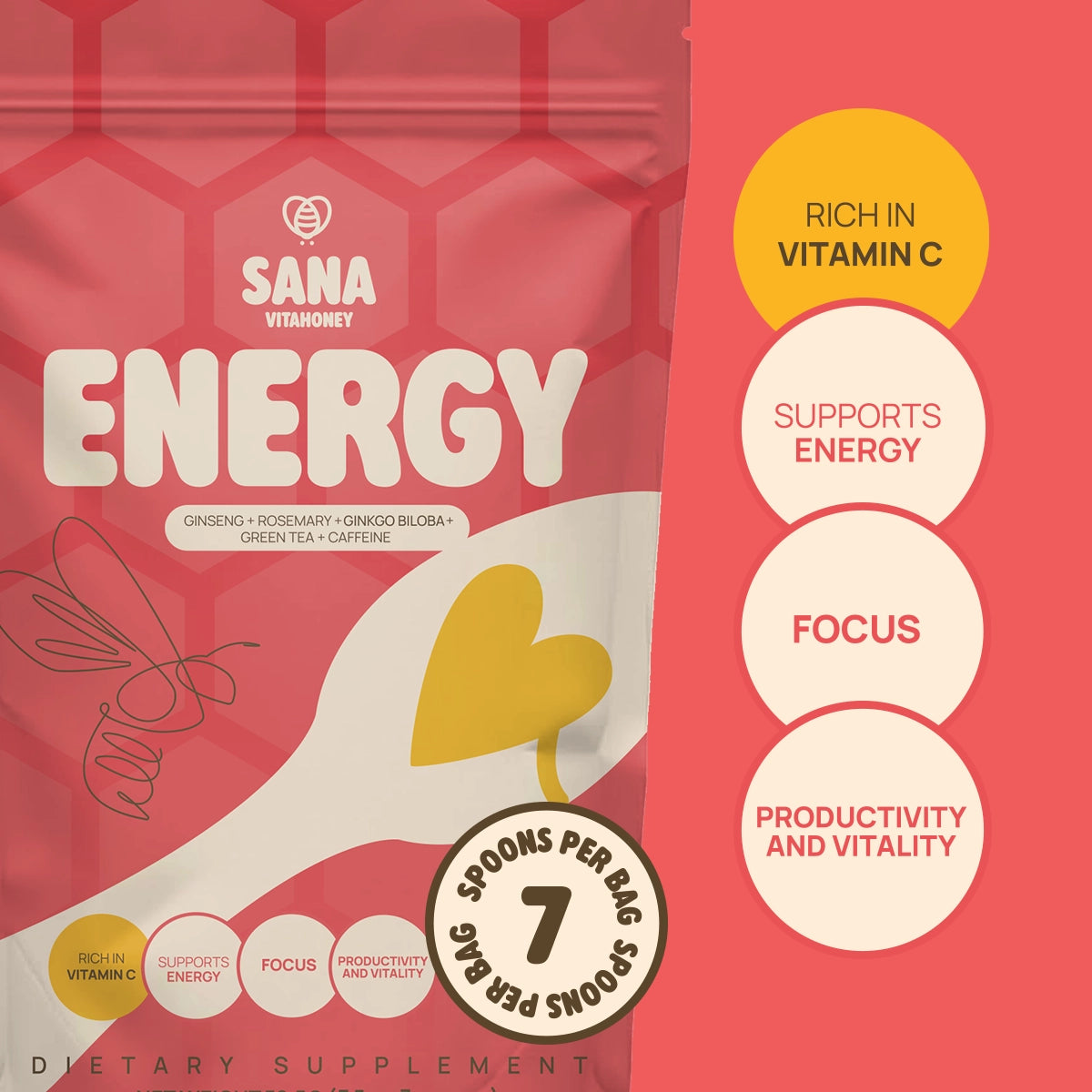 Sana VitaHoney Energy Spoon package with text on a red background.