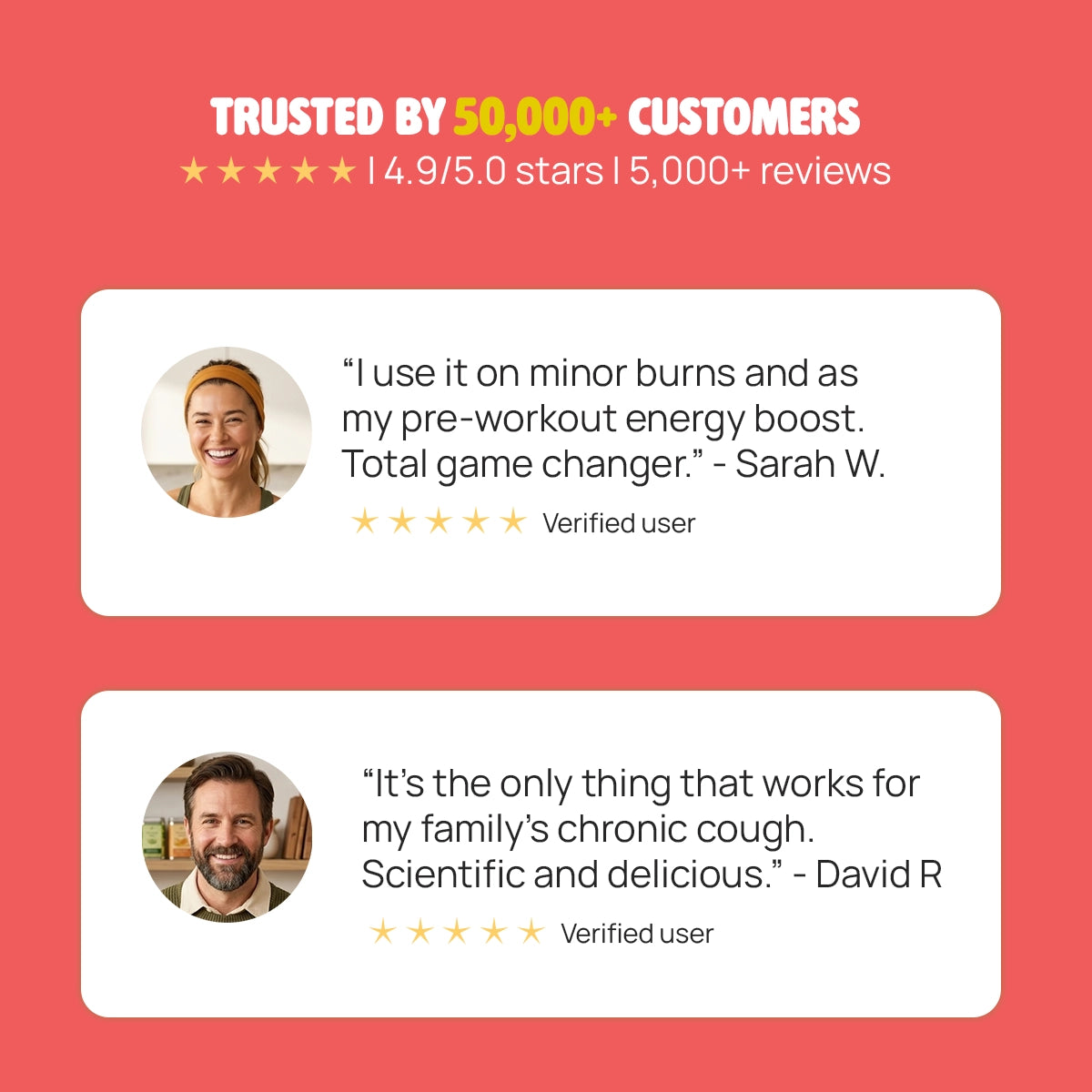 Product reviews with customer testimonials on a red background
