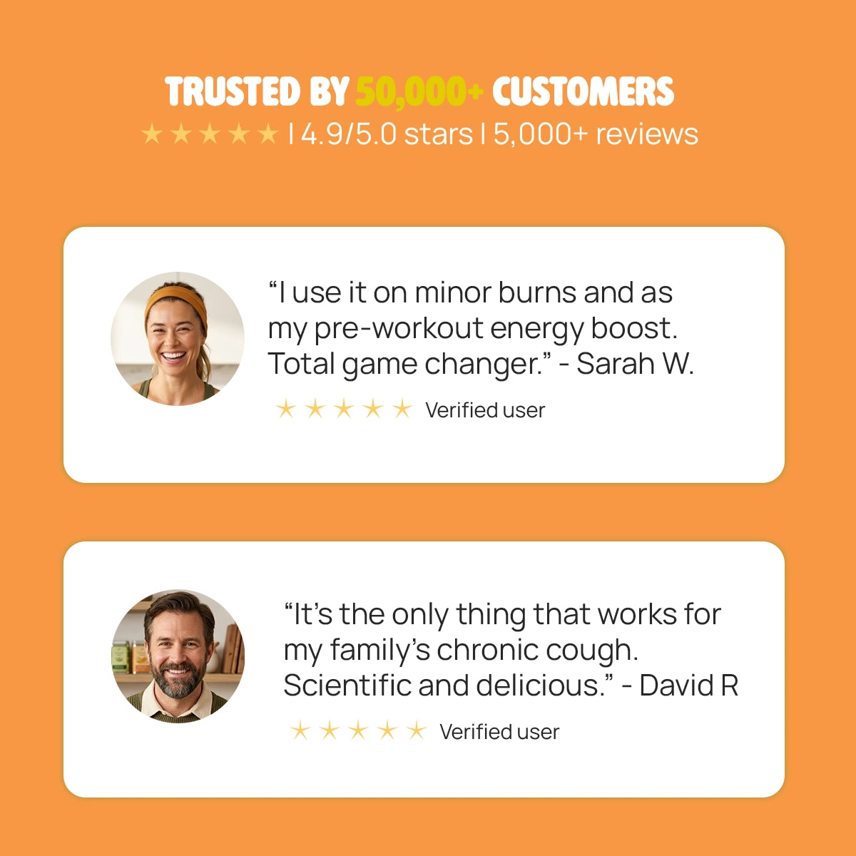 Product reviews on an orange background with customer testimonials and star ratings.