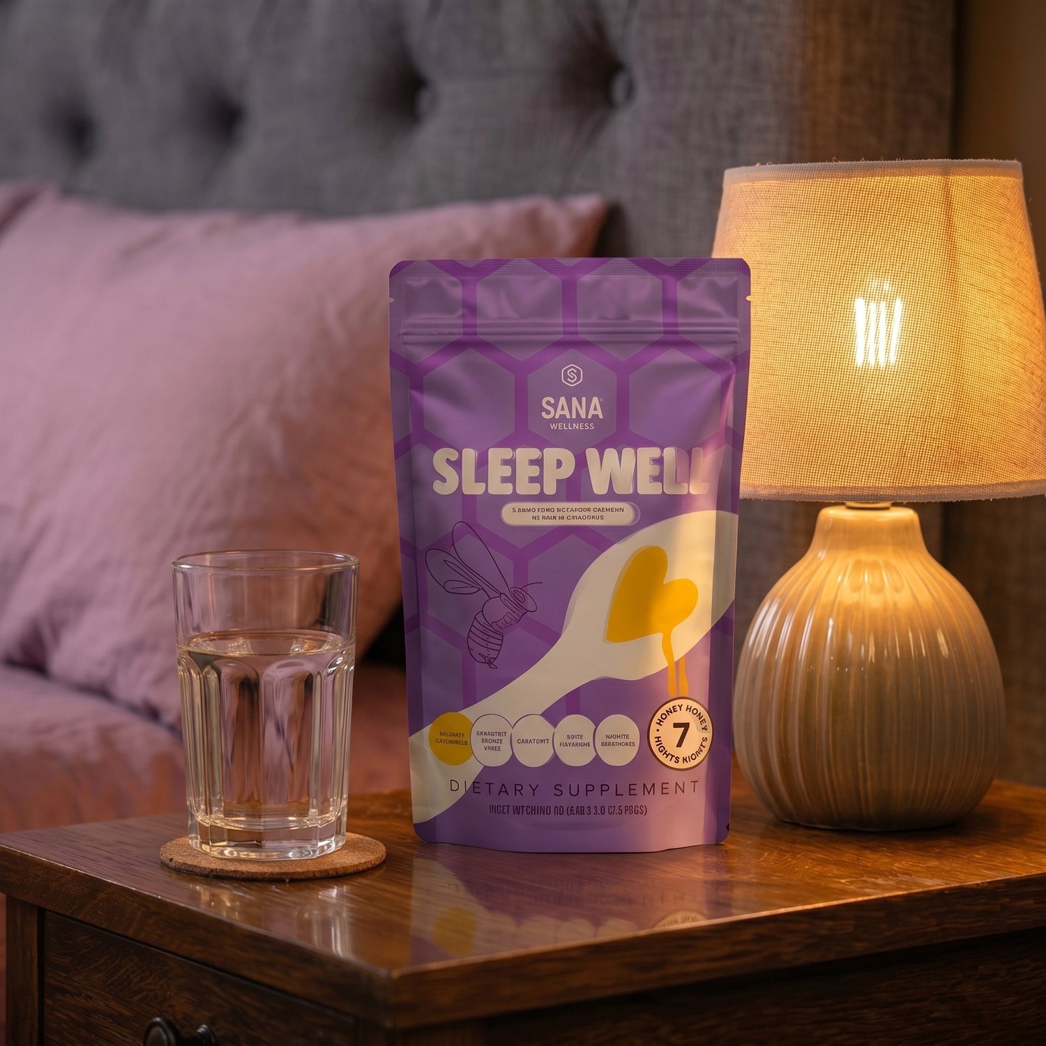 Sana VitaHoney Sleep Well Spoon supplement package on a bedside table with a glass of water and a lamp.