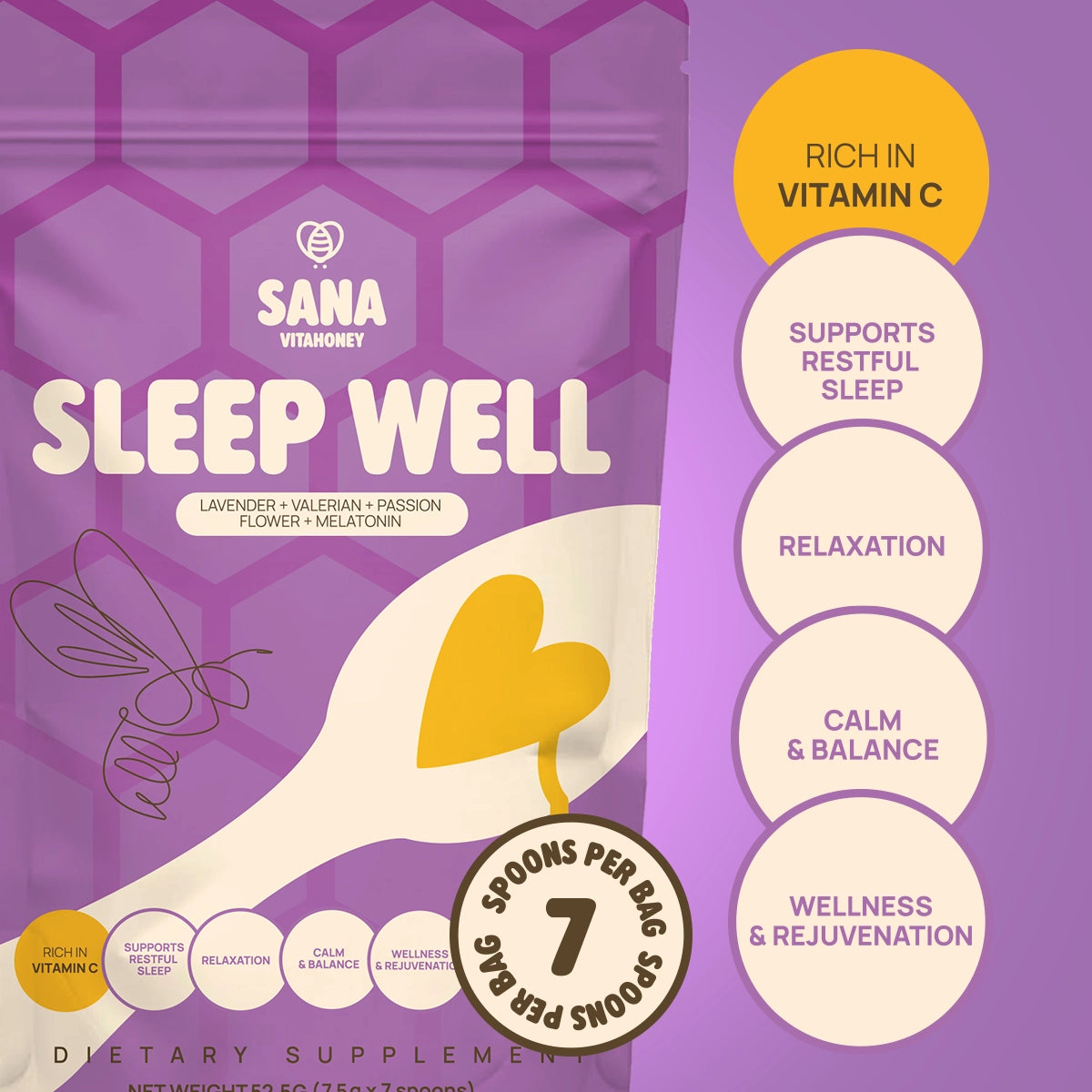 Sana VitaHoney Sleep Well Spoon package with purple background and spoon illustration that show benefits facts.